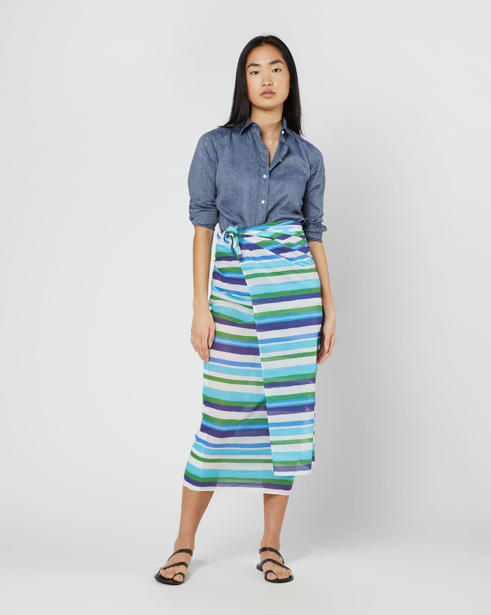 Ashley Pareo in Blue/Green Painterly Stripe Cotton Lawn
