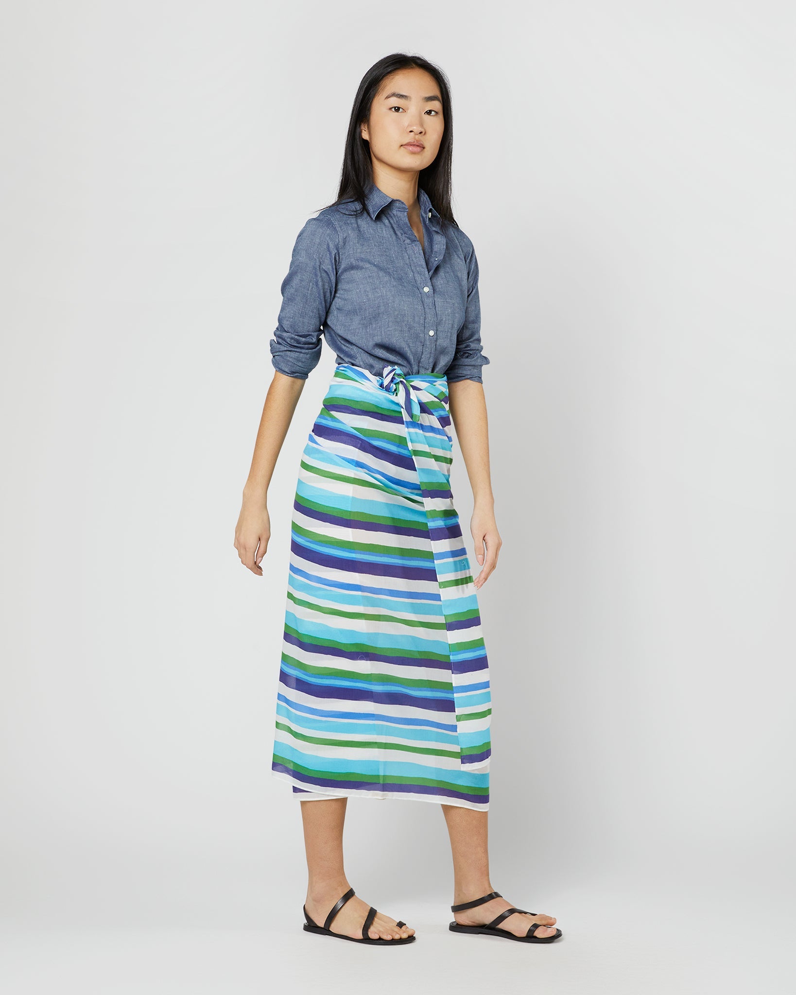 Ashley Pareo in Blue/Green Painterly Stripe Cotton Lawn