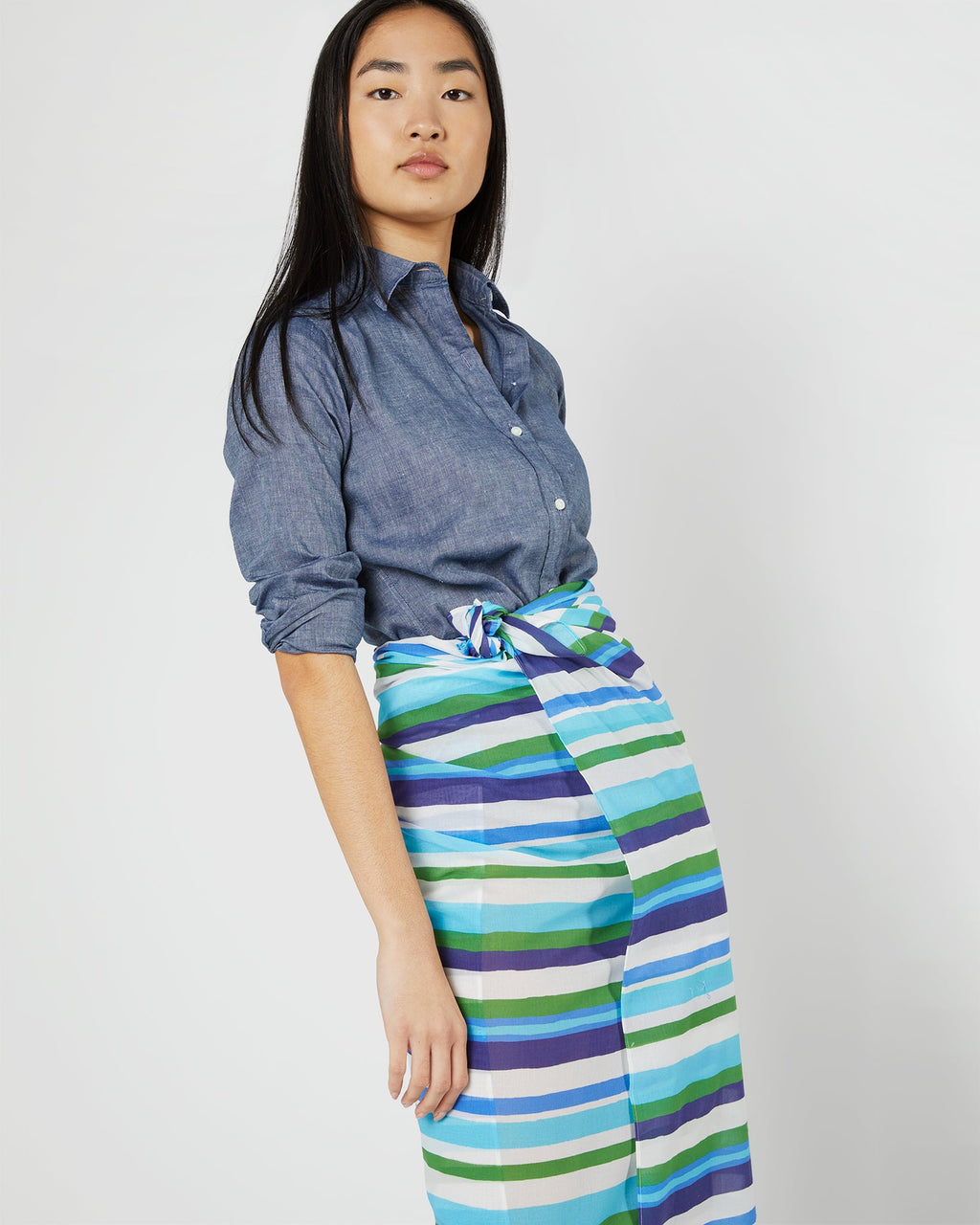 Ashley Pareo in Blue/Green Painterly Stripe Cotton Lawn