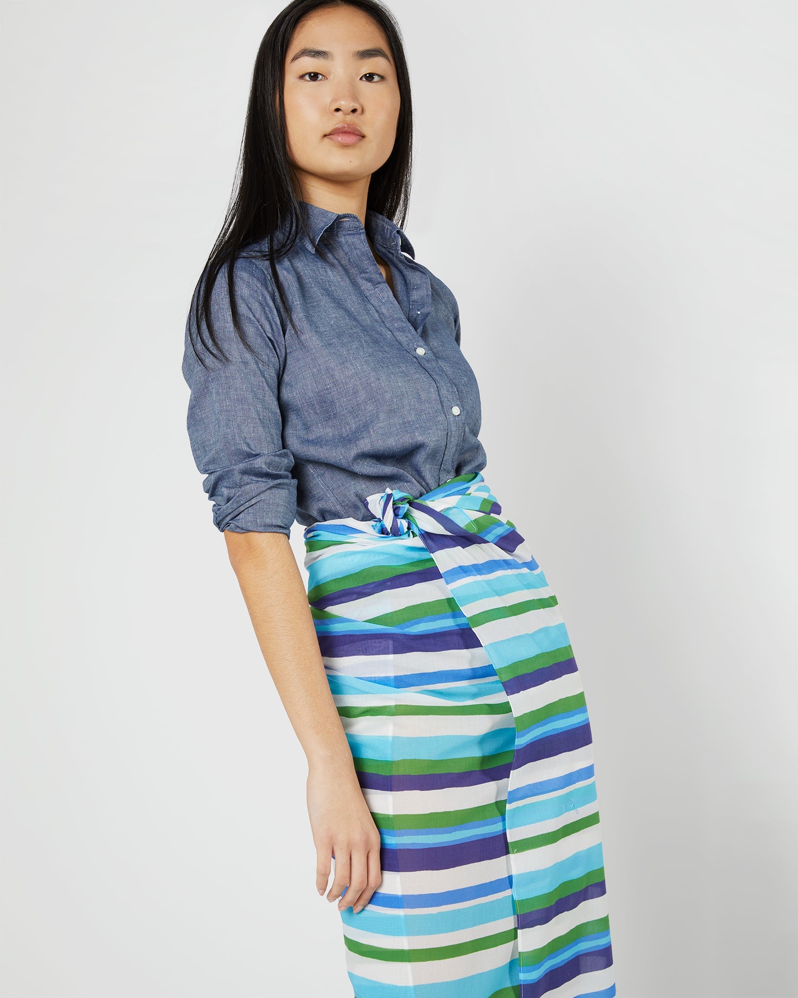 Ashley Pareo in Blue/Green Painterly Stripe Cotton Lawn